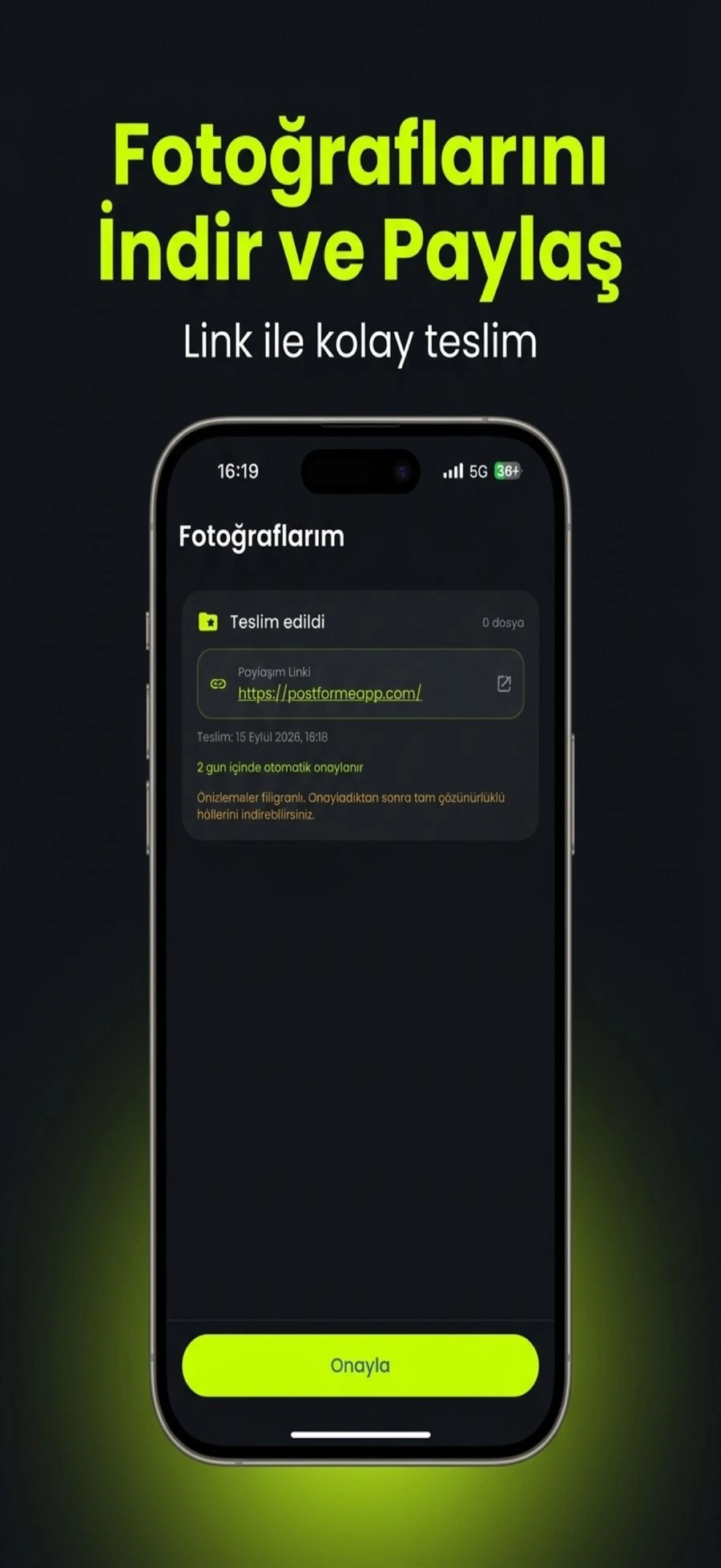 Post For Me — fotoğraf teslim ve paylaşım ekranı
