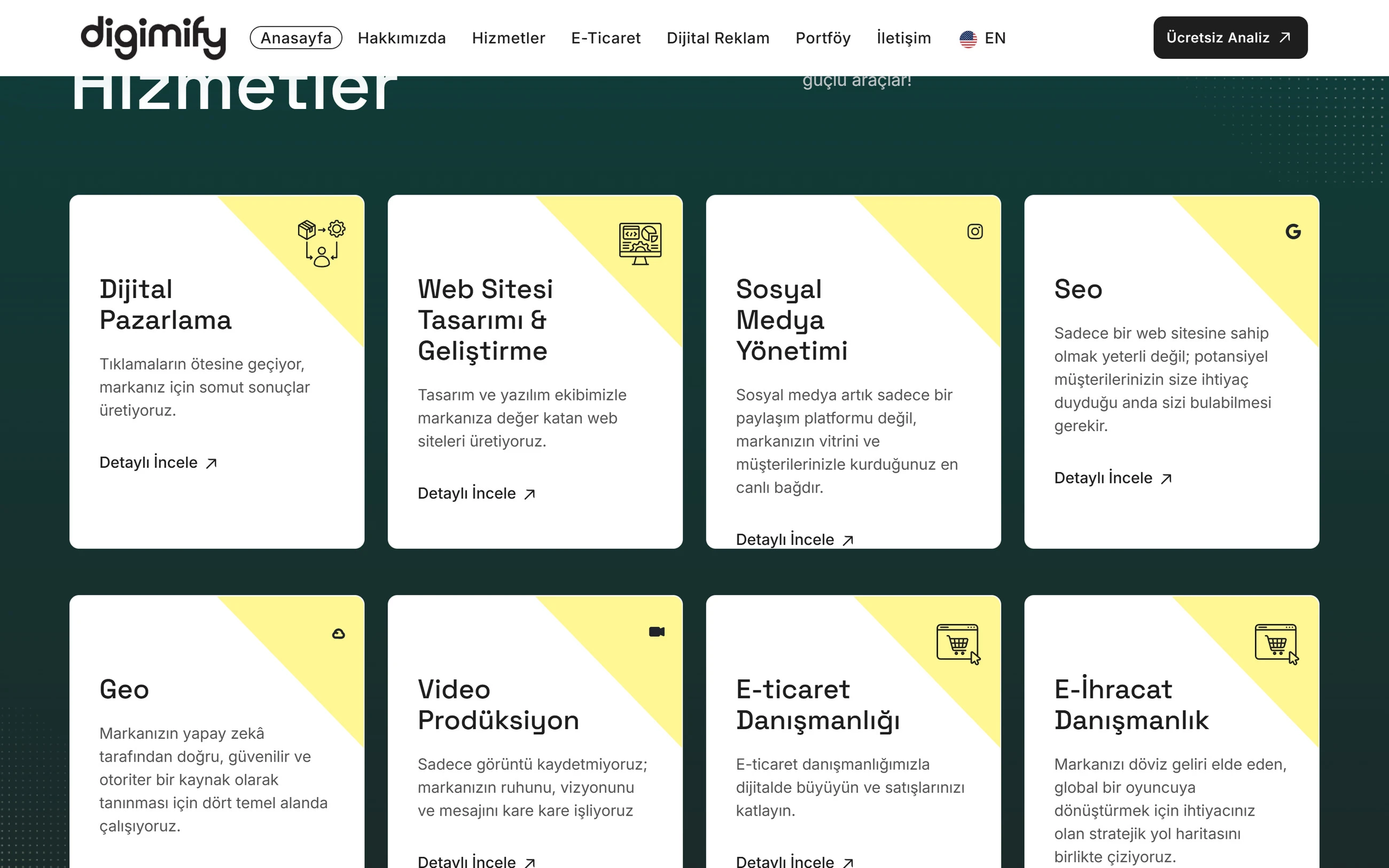 Digimify — ikonlu hizmet kartları
