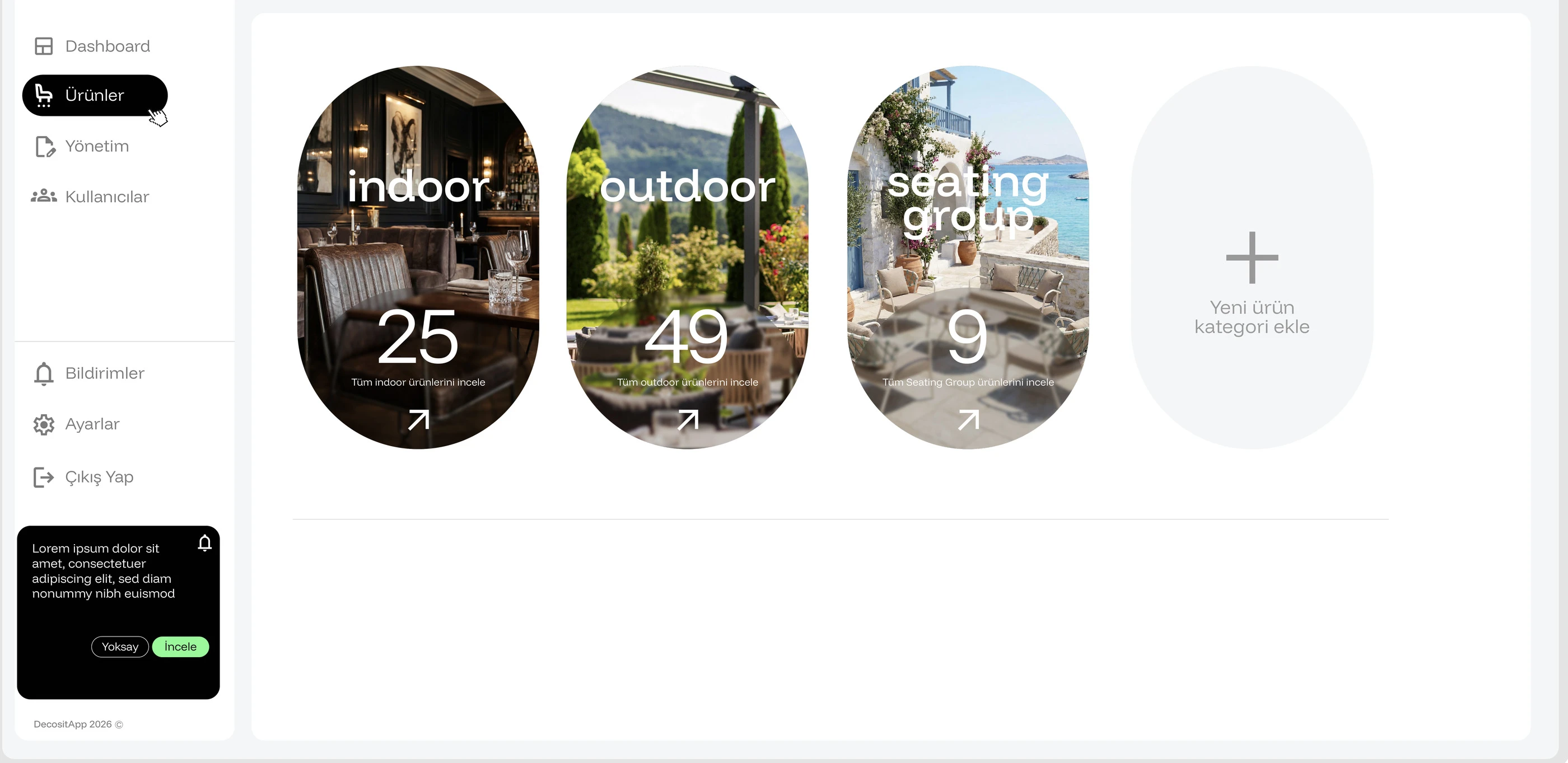 Decosit App — indoor, outdoor ve seating group kategori ekranı