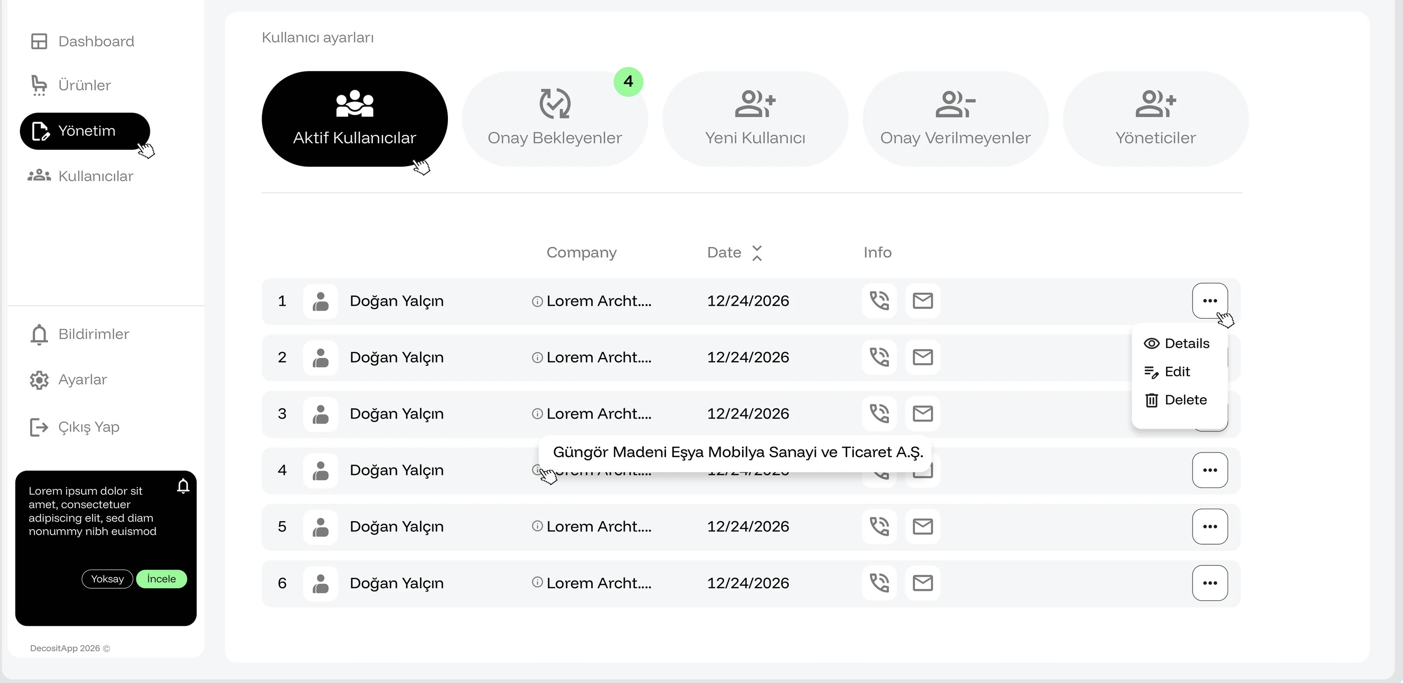 Decosit App — aktif kullanıcılar listesi