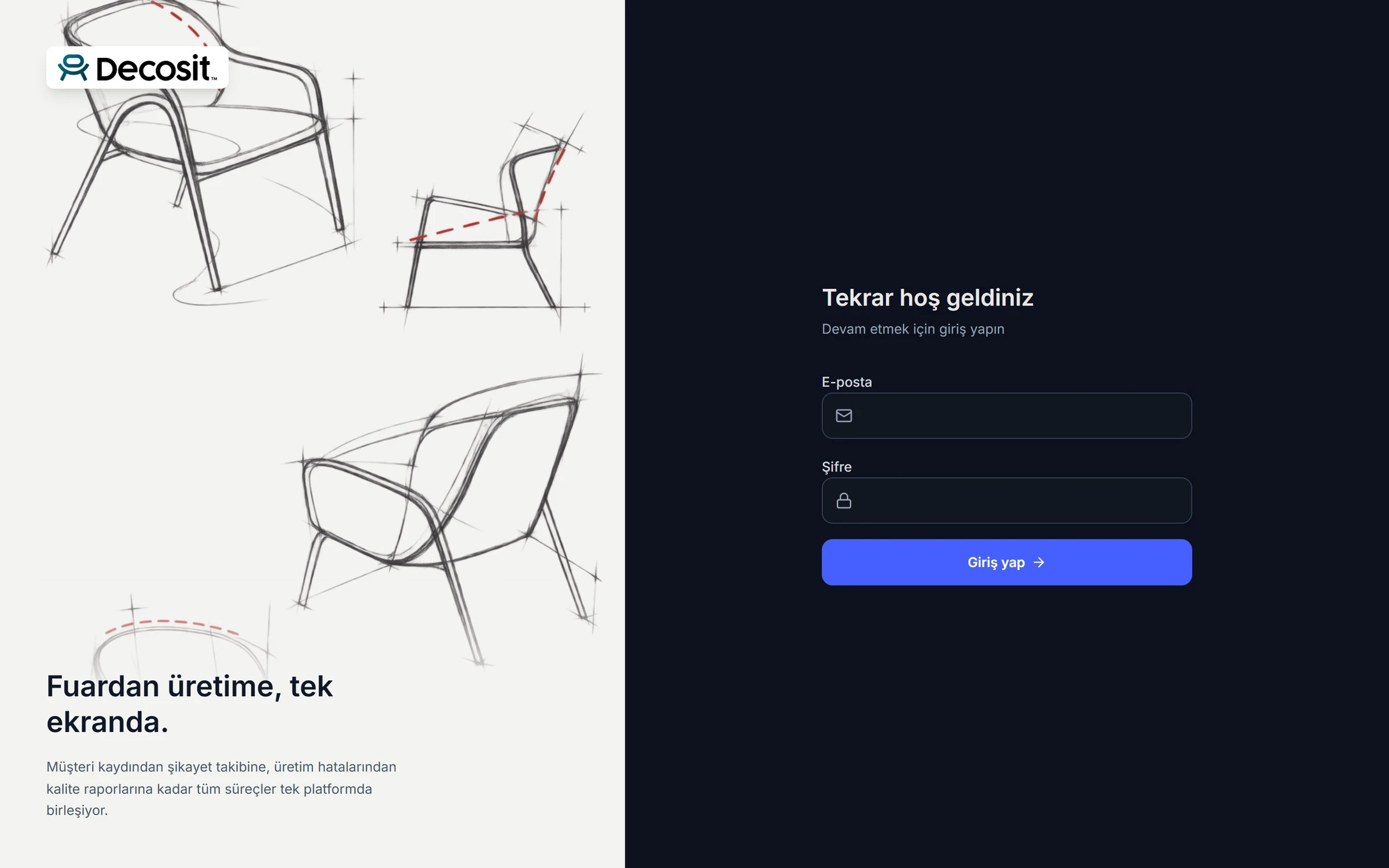 Decosit CRM — “Fuardan üretime, tek ekranda” giriş ekranı