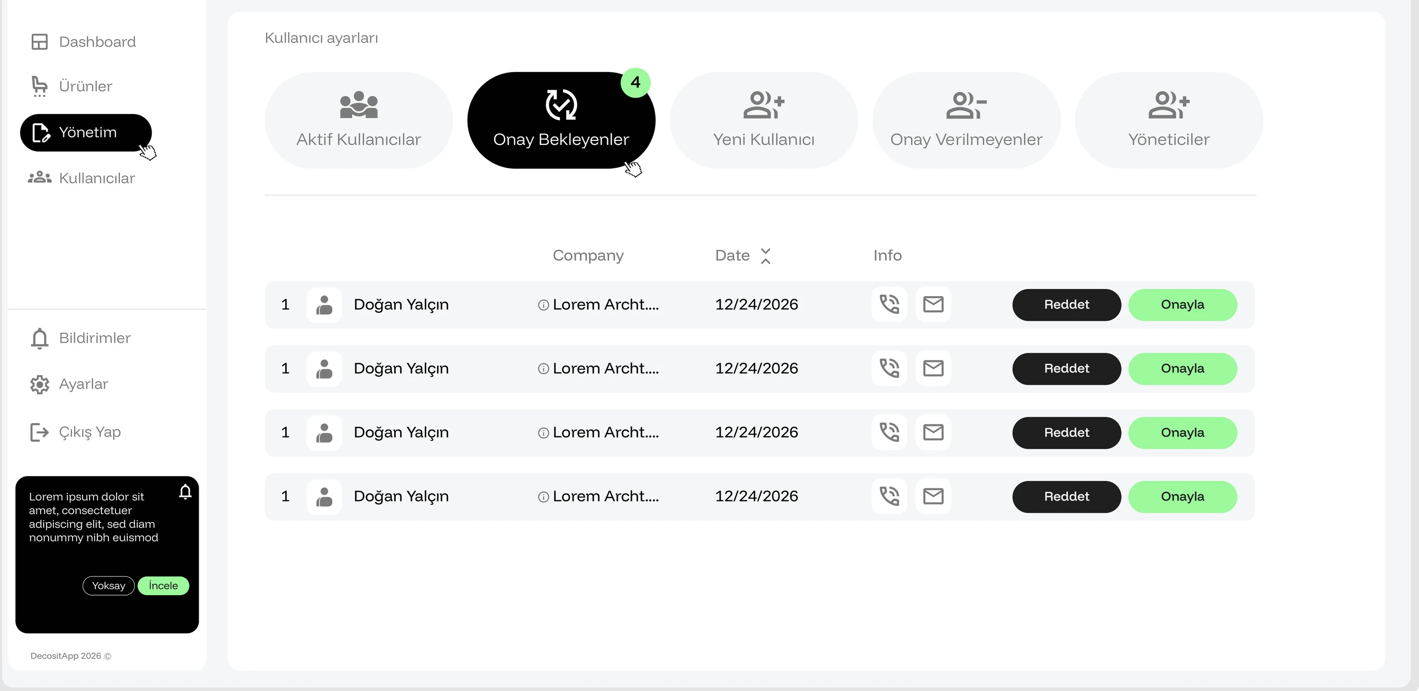 Decosit App — onay bekleyen kullanıcılar