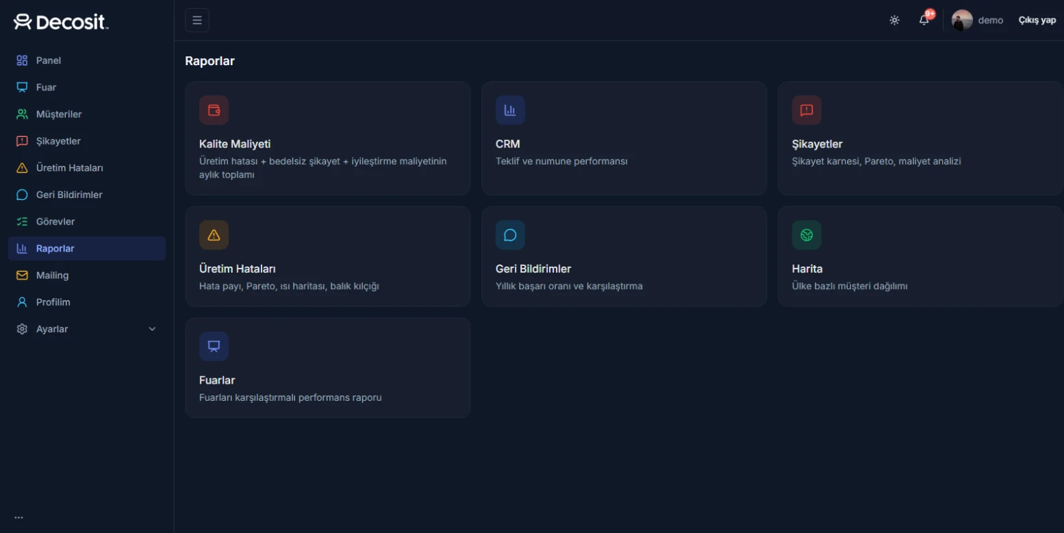 Decosit CRM — kalite maliyeti, şikâyet ve üretim hatası raporları