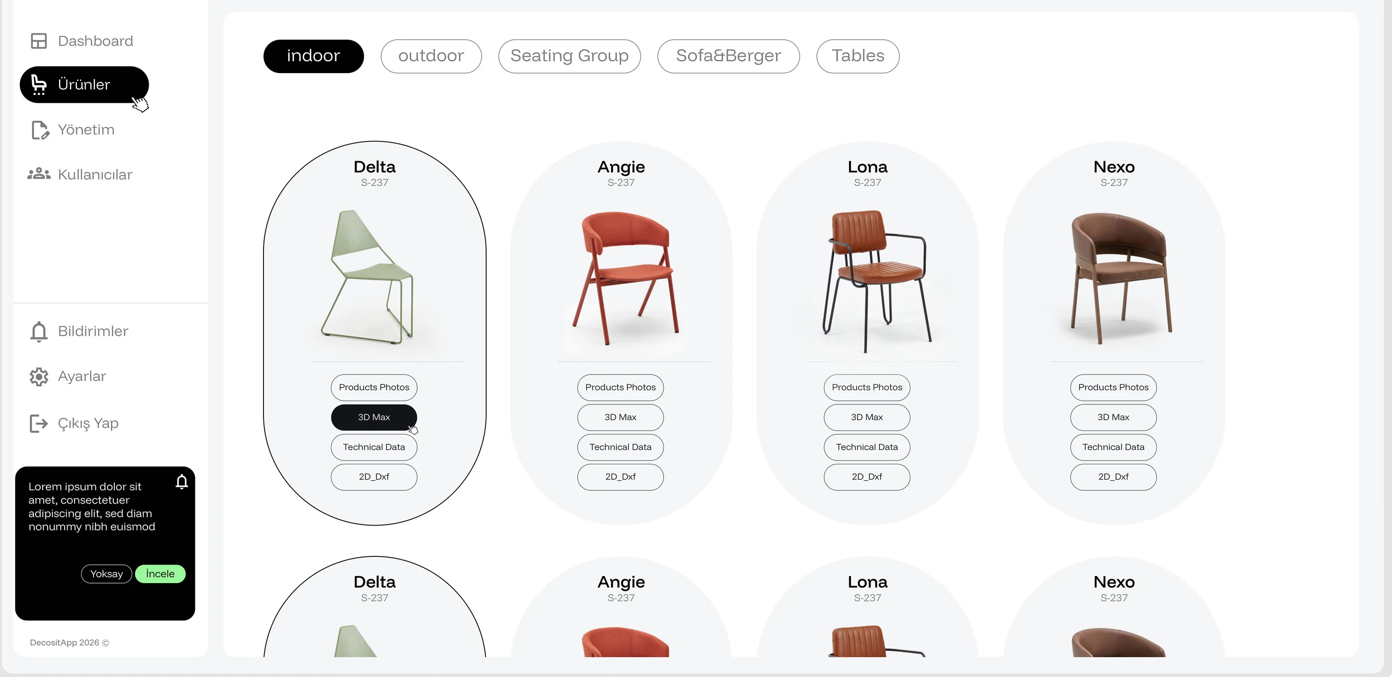 Decosit App — ürün listesi ve dosya tipi seçimi