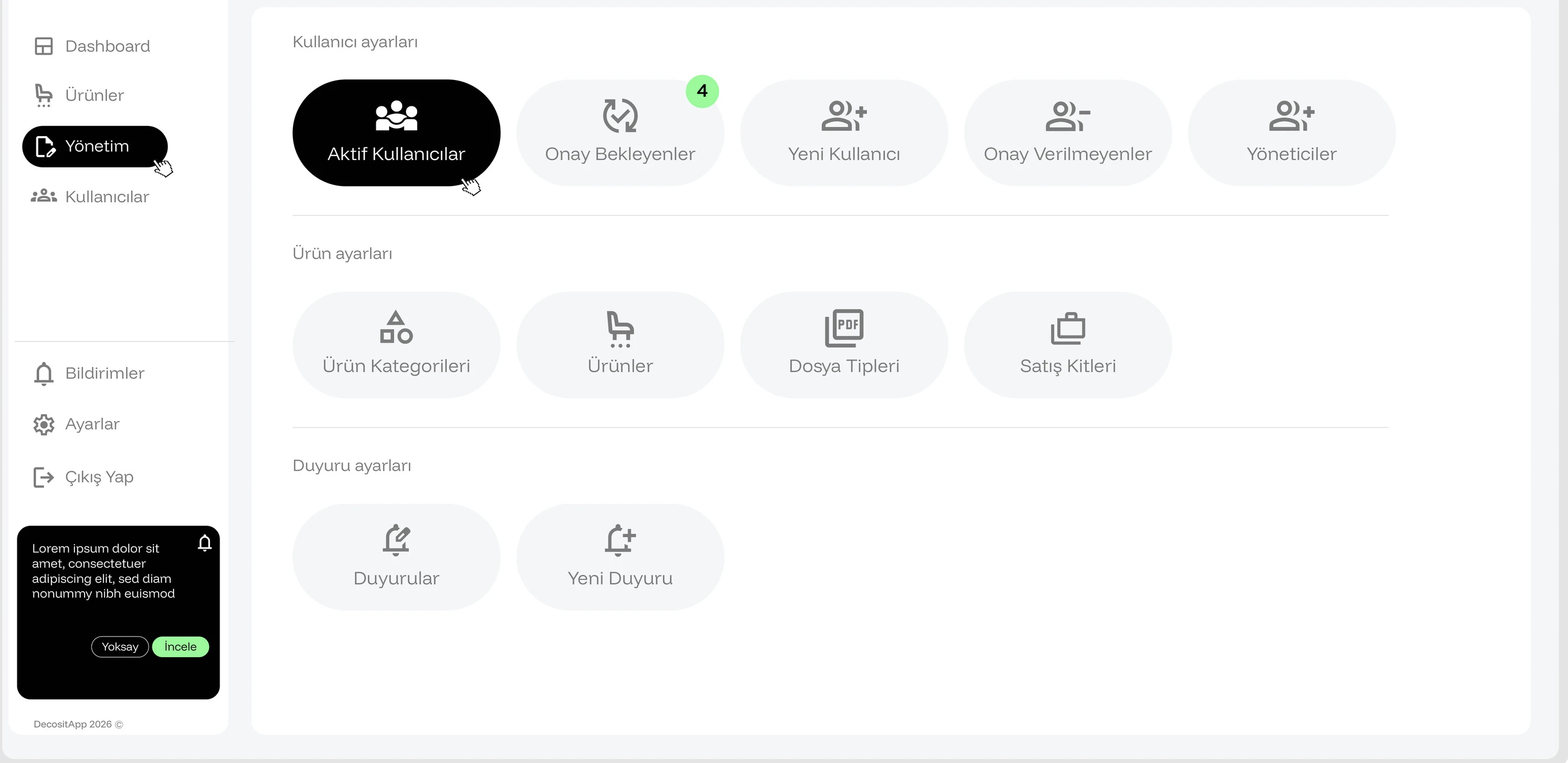 Decosit App — kullanıcı, ürün ve duyuru yönetimi